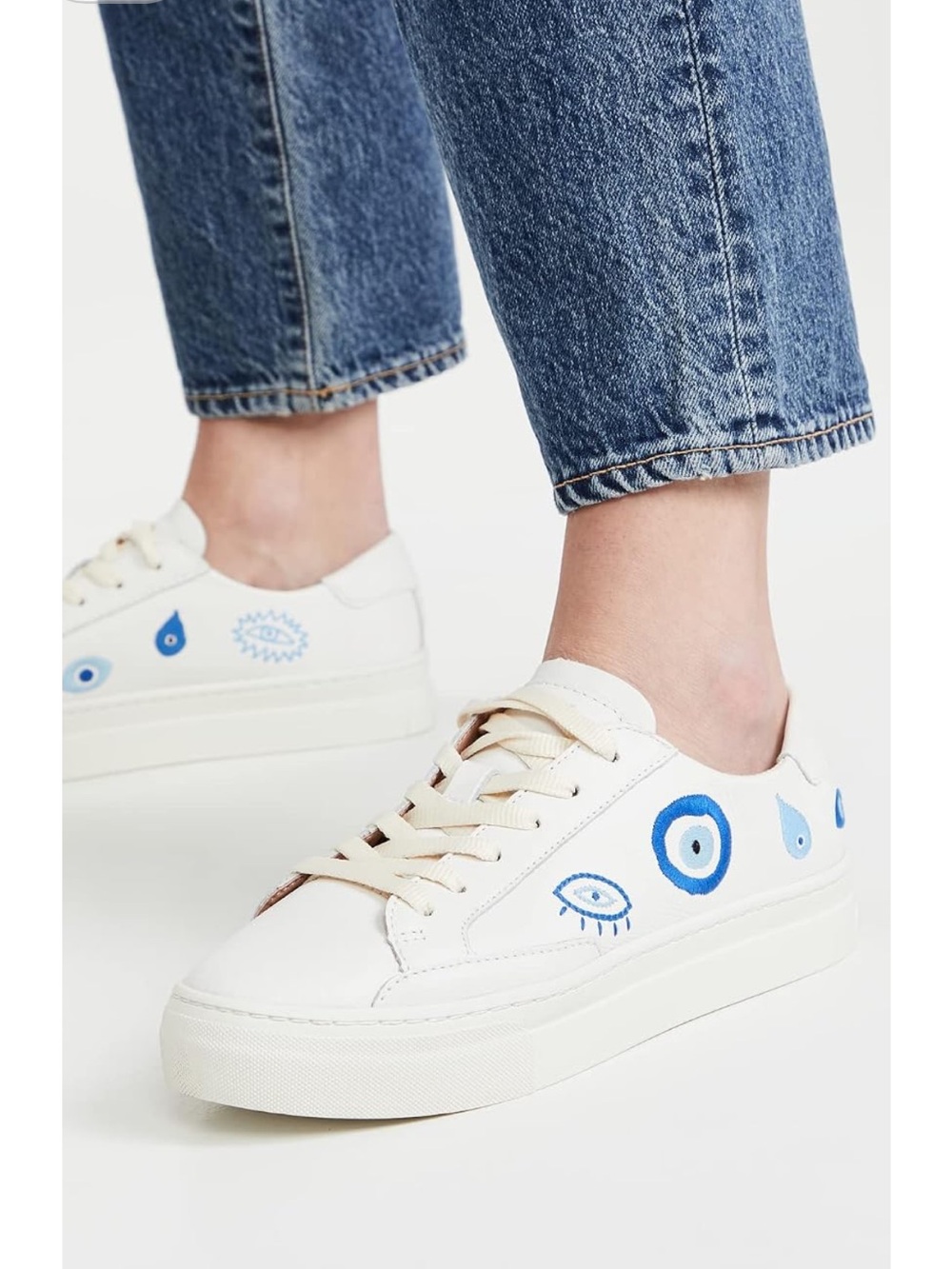 Soludos White Sneakers with Blue Eye Motif 7.5